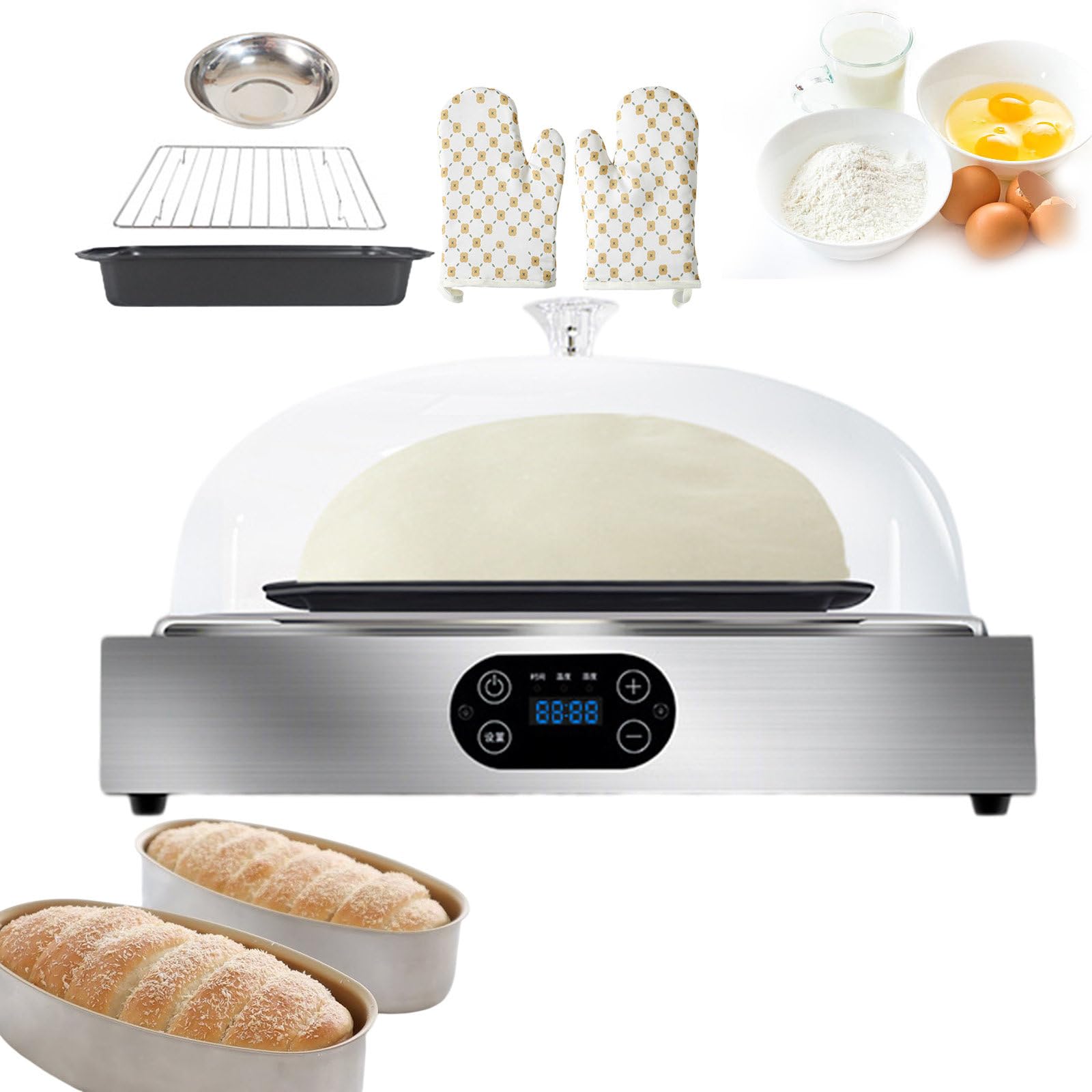 Macchina Elettrica Lievitazione Dell'impasto del Pane,Macchina Yogurt, Base Antiscivolo,Copertura Trasparente per Pc,Pannello Touch A LED,con Un Paio Guanti Termoisolanti,Singlelayer