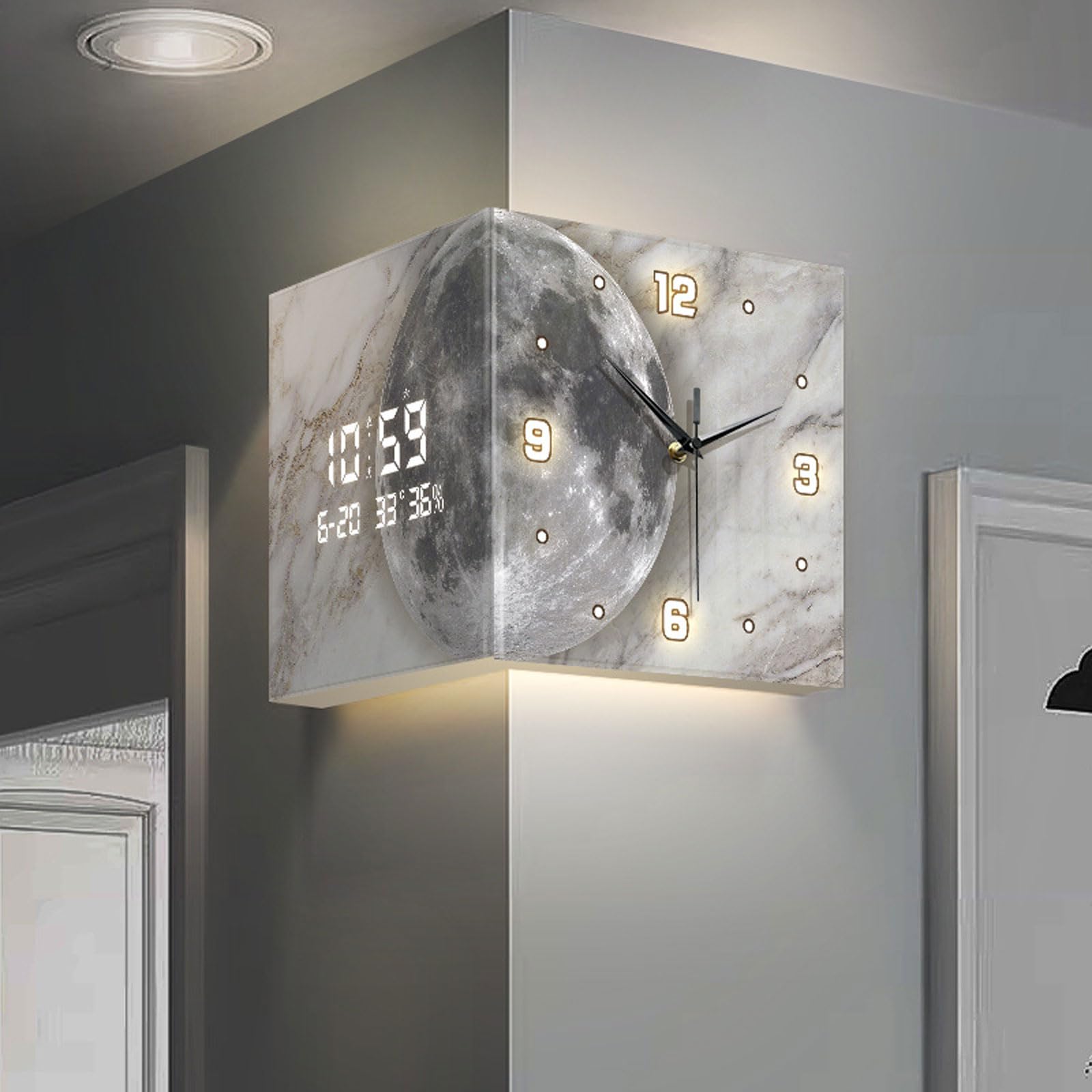 Orologio da Parete ad Angolo Moderno su Entrambi i Lati Evitare Collisioni di Sicurezza Orologio da Parete ad Angolo da Appendere Decorativo per Camera da Letto,Ufficio,Cucina