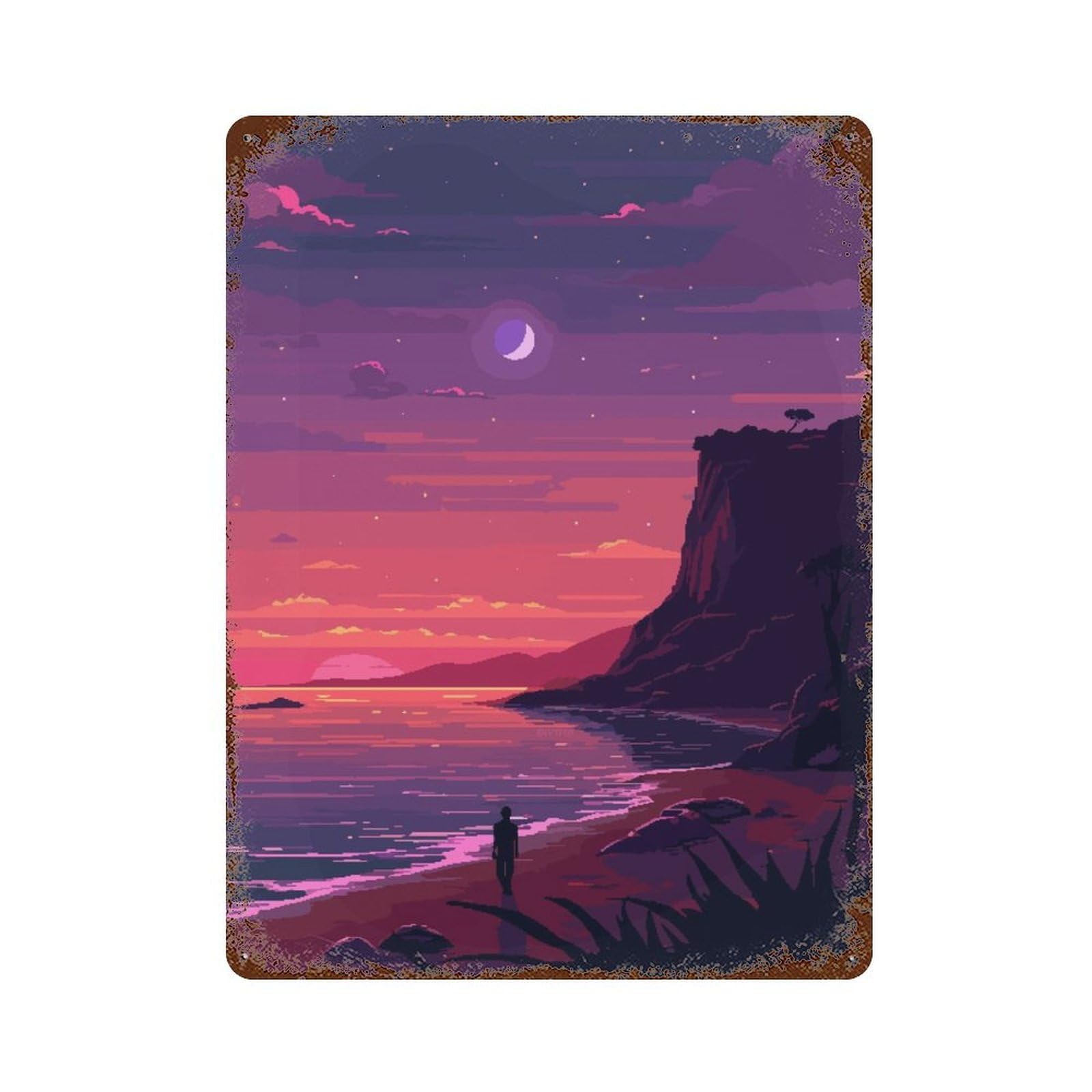 Garage Style SoCal LA Sunset Pixel Art Rust Effect Tin Sign 15.7"x11.8", Industrial Home Decor for Bar And Workshop