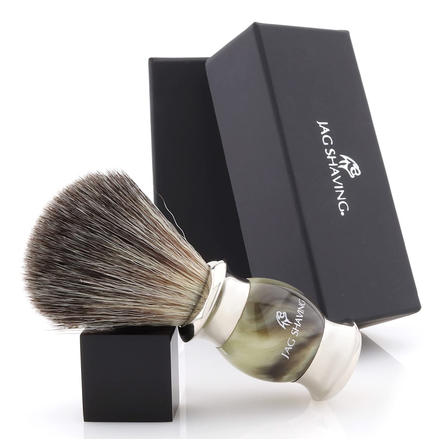 Jag Shaving zestaw do golenia - 4-częściowy zestaw do golenia - Jag's Lee Range - włosie syntetyczne - 3 ostrza do golenia - stojak do golenia - kolor zielony hornimitacja