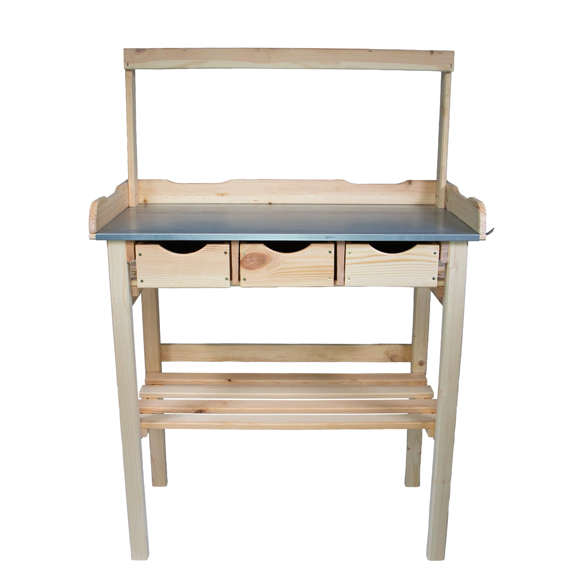 mgc24® Table de jardinage avec plan de travail galvanisé | 80 x 40 x 117 cm | bois de pin naturel | avec plateau + 3 tiroirs + montant supérieur