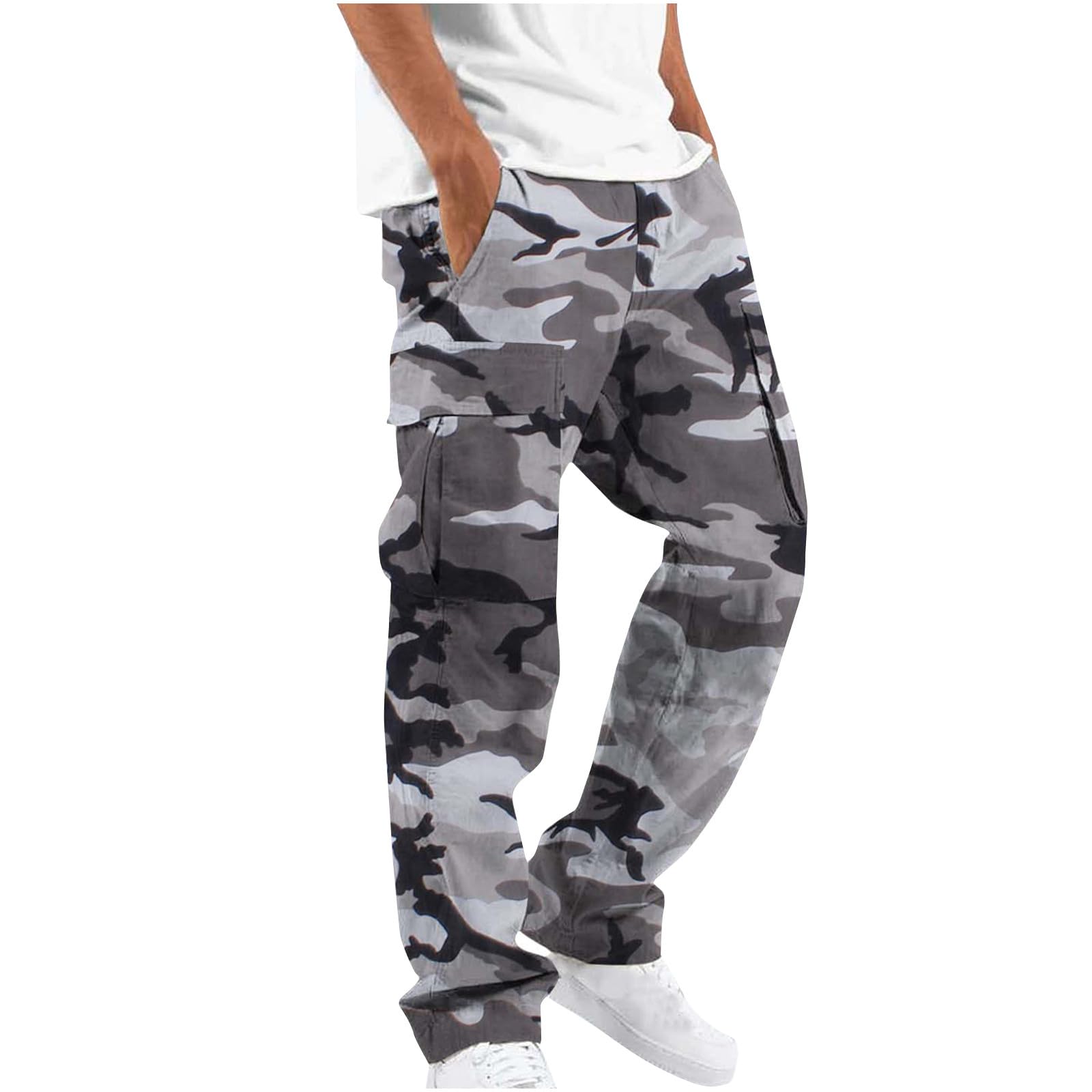 Cargohose Herren Baggy Camouflage Hose Elastischer Bund Arbeitshose Leichte Männer Jogginghose Gerade Beinform Sporthose Freizeit Wanderhose mit Taschen Outdoorhose Laufhose Freizeithose Latzhose