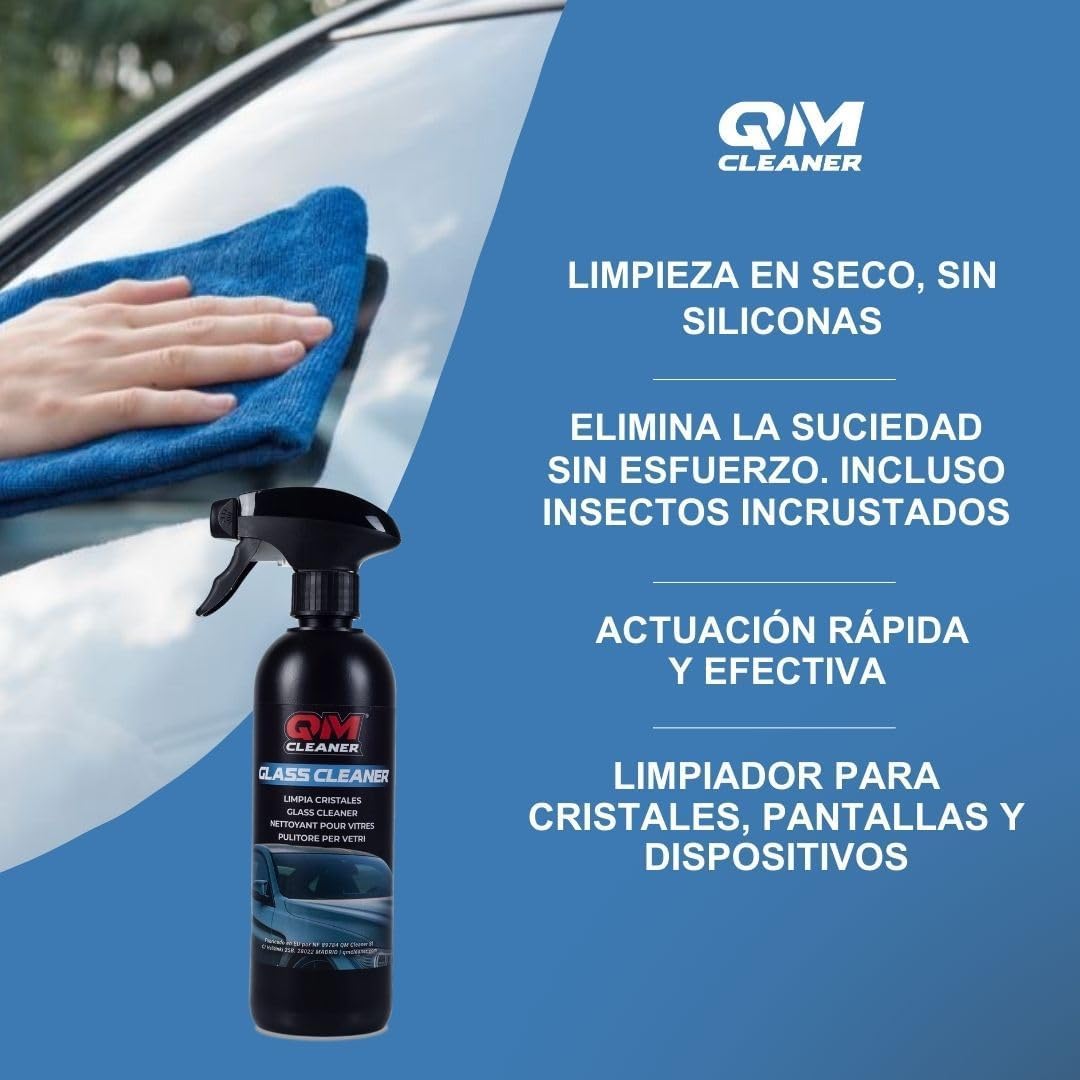 QM Cleaner Kit Limpieza Interior Vehiculo Limpia Salpicadero, Plastico, Cristales y Pantalla, efecto satinado | Incluye Limpia salpicaderos(500ml), Limpia Cristales/Pantallas(500ml) y 2 paños extra