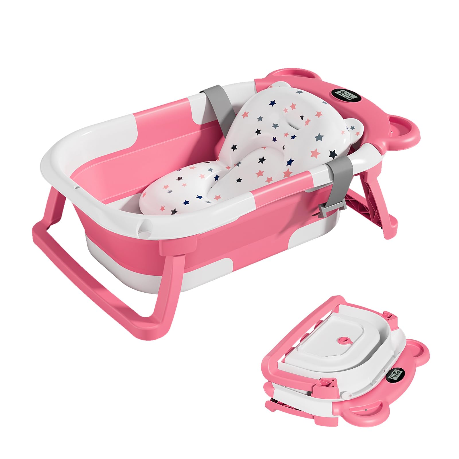 Itslife Vasca da Bagno per Bambini, Vasca da Bagno da Viaggio Portatile, Vasca Bagnetto Neonato Pieghevole con Cuscino di Supporto, Adatta per Neonati da 0 a 36 Mesi Rosa