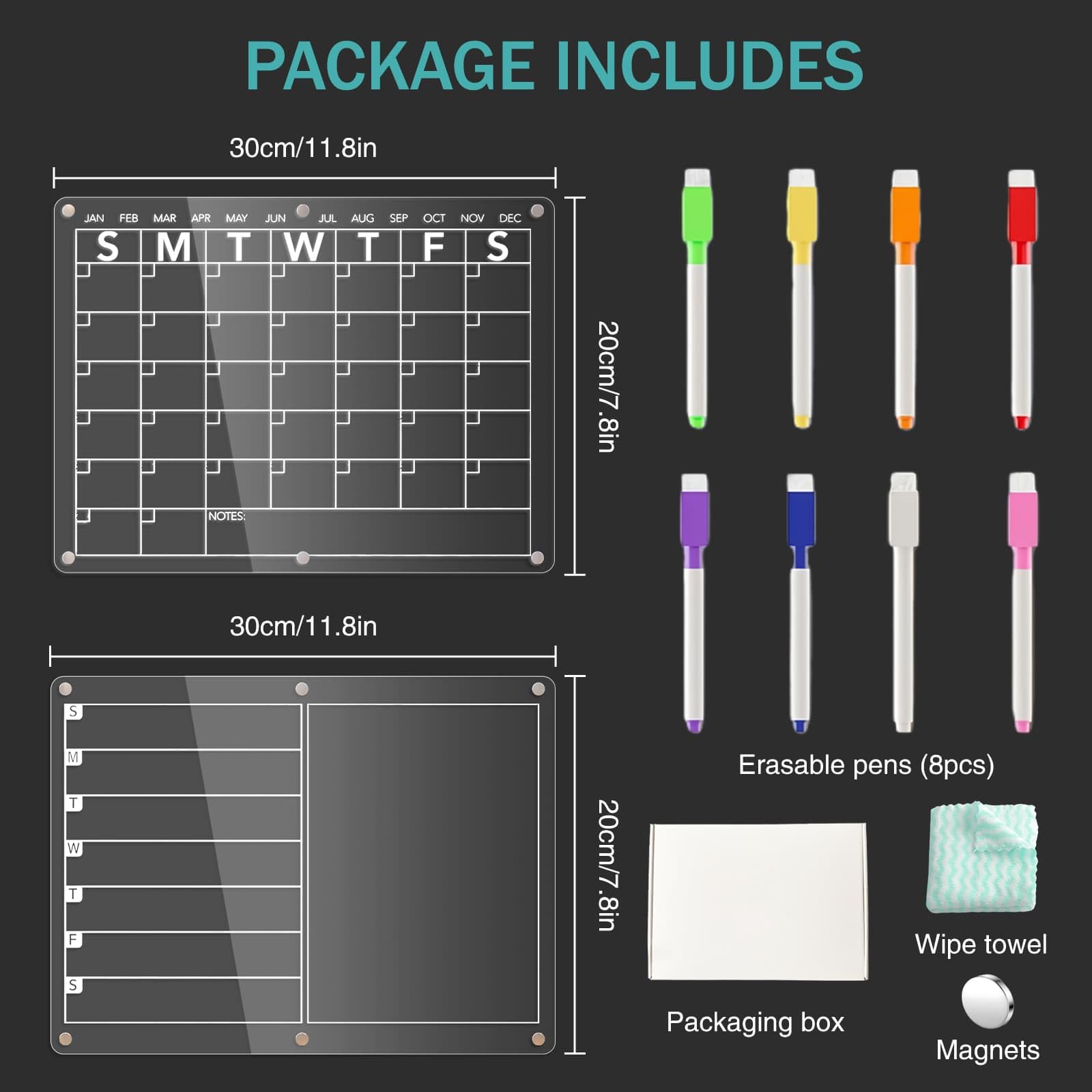 2pcs Magnetic Weekly Fridge Planner, Monthly Fridge Magnetic Calendar Meal Planner Board with 8 Markers and Wipes, Transparent Menu Organisers for Kitchen Home Shopping List - Image 2