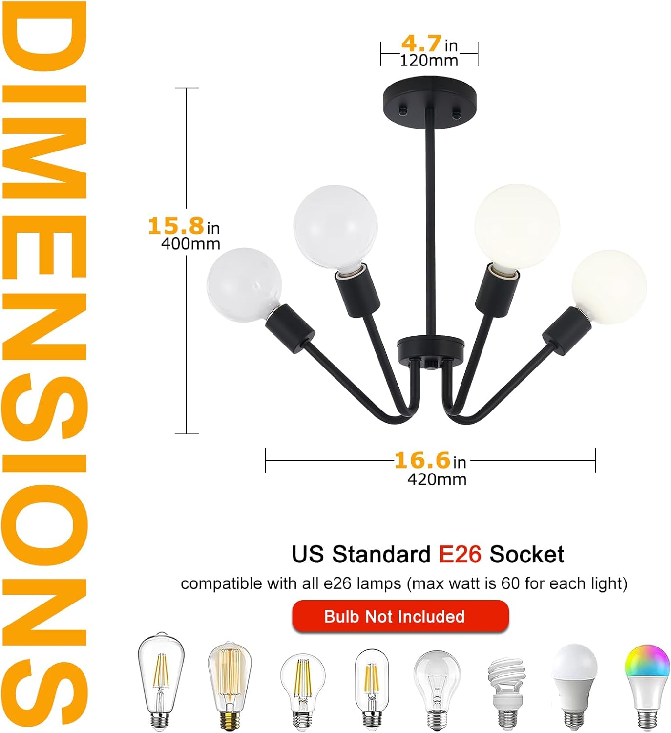 Black Chandelier 4 Light Semi Flush Mount Ceiling Light Black Dining Room Chandelier Kitchen Lighting Fixtures Ceiling Farmhouse Sputnik Light Fixtures Ceiling Mount for Bedroom Hallway E26 Socket