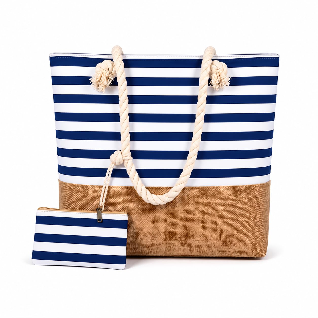 AlfaHome - Bolso playa mujer grande con cremallera – Bolsa playa impermeable con neceser adicional, bolso verano mujer resistente y elegante para playa, piscina o uso diario (50x35x15 cm, 22L)
