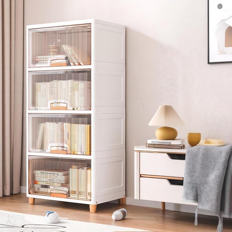 Image of Strassis Design 4 Pack Plastic Cupboard for Storage, Multipurpose Stackable Cabinet Drawer, Foldable Wardrobe Organizer for Clothes, Kitchen Storage Cabinet, Modular Almirah with Magnetic Doors(Beige)