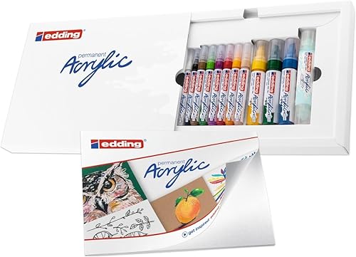 Edding Creative Set - Bolígrafos acrílicos (finos, medianos, anchos), impermeables, incluye almohadilla de arte, 12 marcadores de pintura básicos