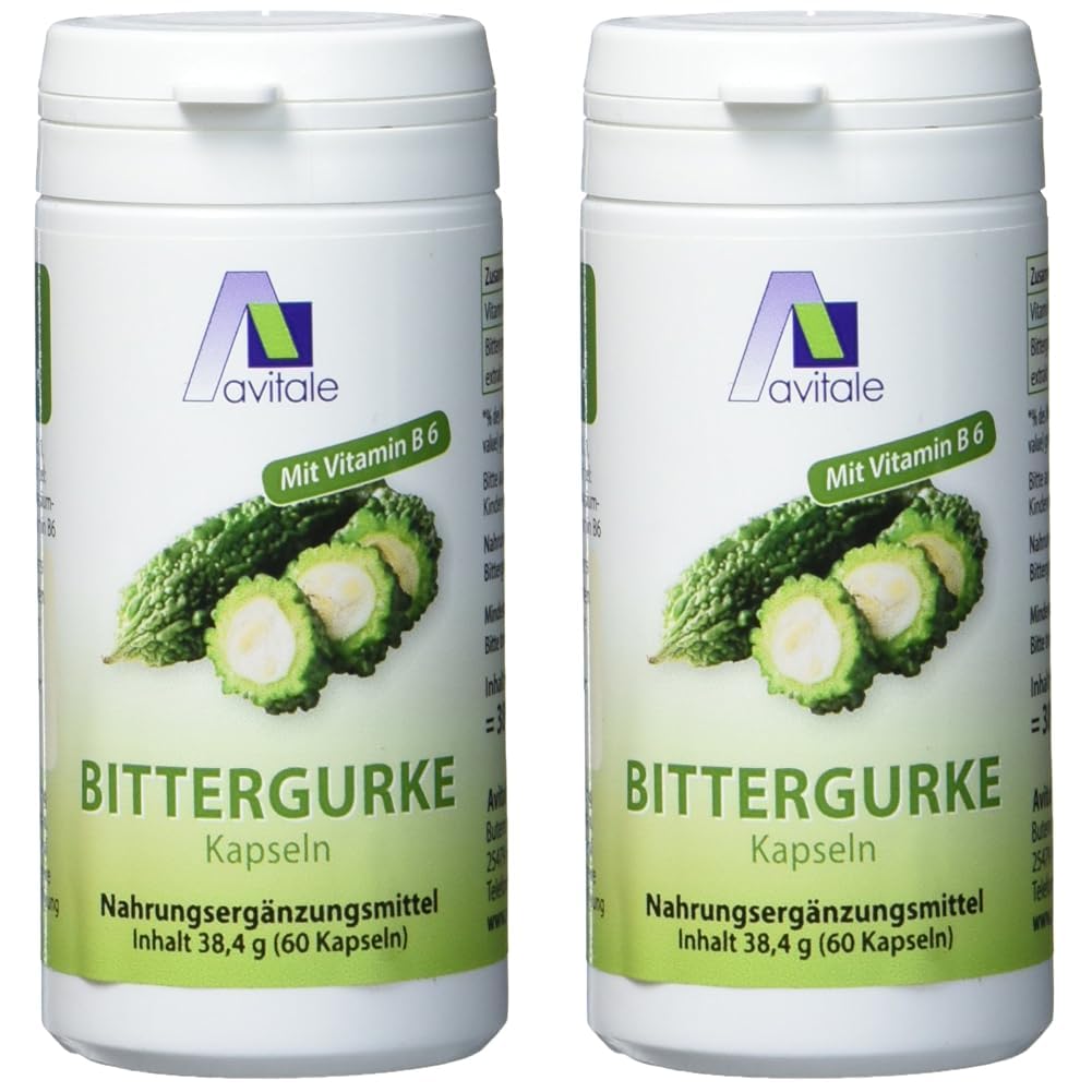Avitale Bittergurke Kapseln mit standardisiertem Frucht-Extrakt der Bittergurke (Momordica Charantia) u. Vitamin B6 für einen normalen Homocysteinspiegel, 60 Kapseln (Packung mit 2)