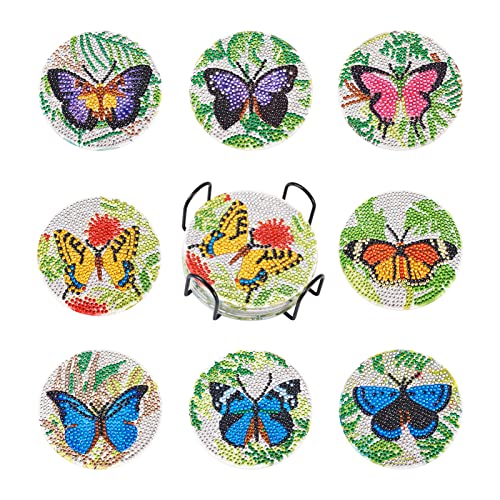 Beadthoven 8pcs Diamond Painting Coasters with Holder Butterfly Diamond Art Cup Mat Kits with Tools for DIY Cup Drinks Coasters Desktop Decorations