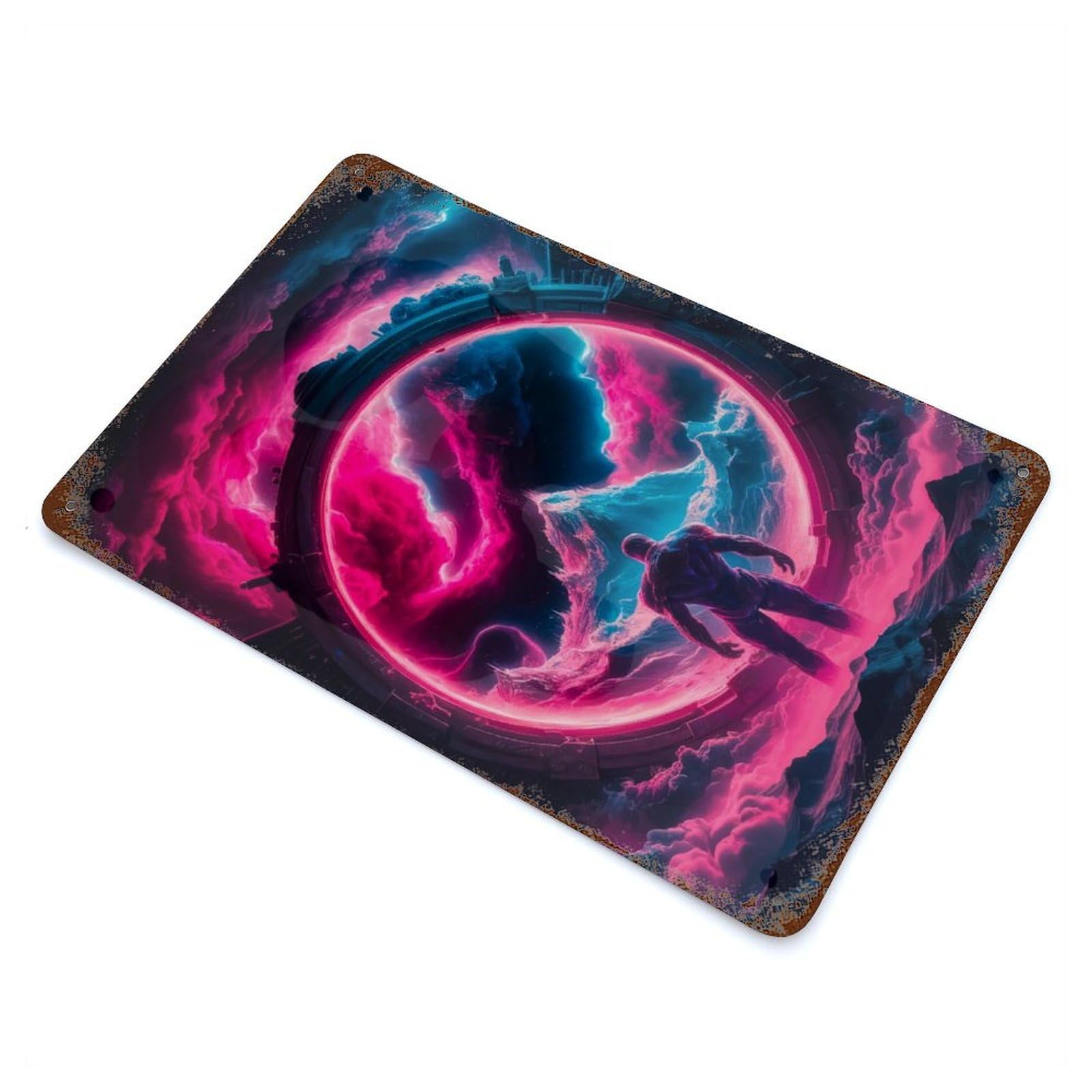 Aged Metal Wall Plaque with Guardian of The Portal Design 11.8"x7.9", for Cafe, Home Bar And Lounge Decor, Novelty Wall Decor