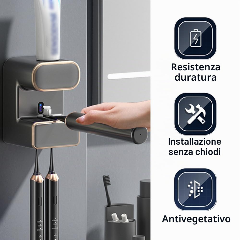 Dispenser Dentifricio Elettrico, USB Porta Spazzolini da Denti Sterilizzante con 3 Slot e Luce UV per Spazzolino, Portaspazzolino Sterilizzatore da Dentifricio per Bagno Vanity