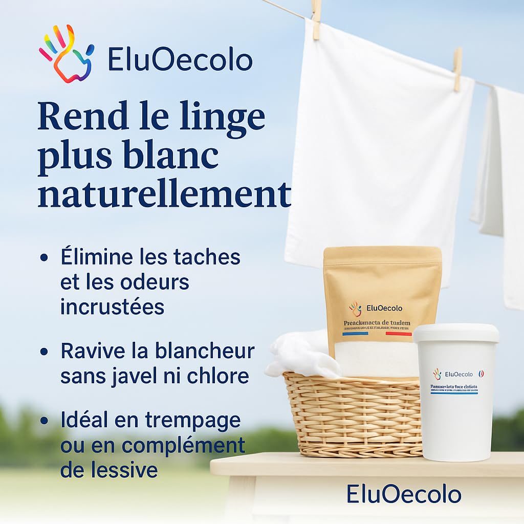 EluOecolo made in France - Détachant & blanchissant au Percarbonate 3kg DOYPACK zippé - Oxygène Actif <12% - avec doseur - Conditionné dans un CAT Local