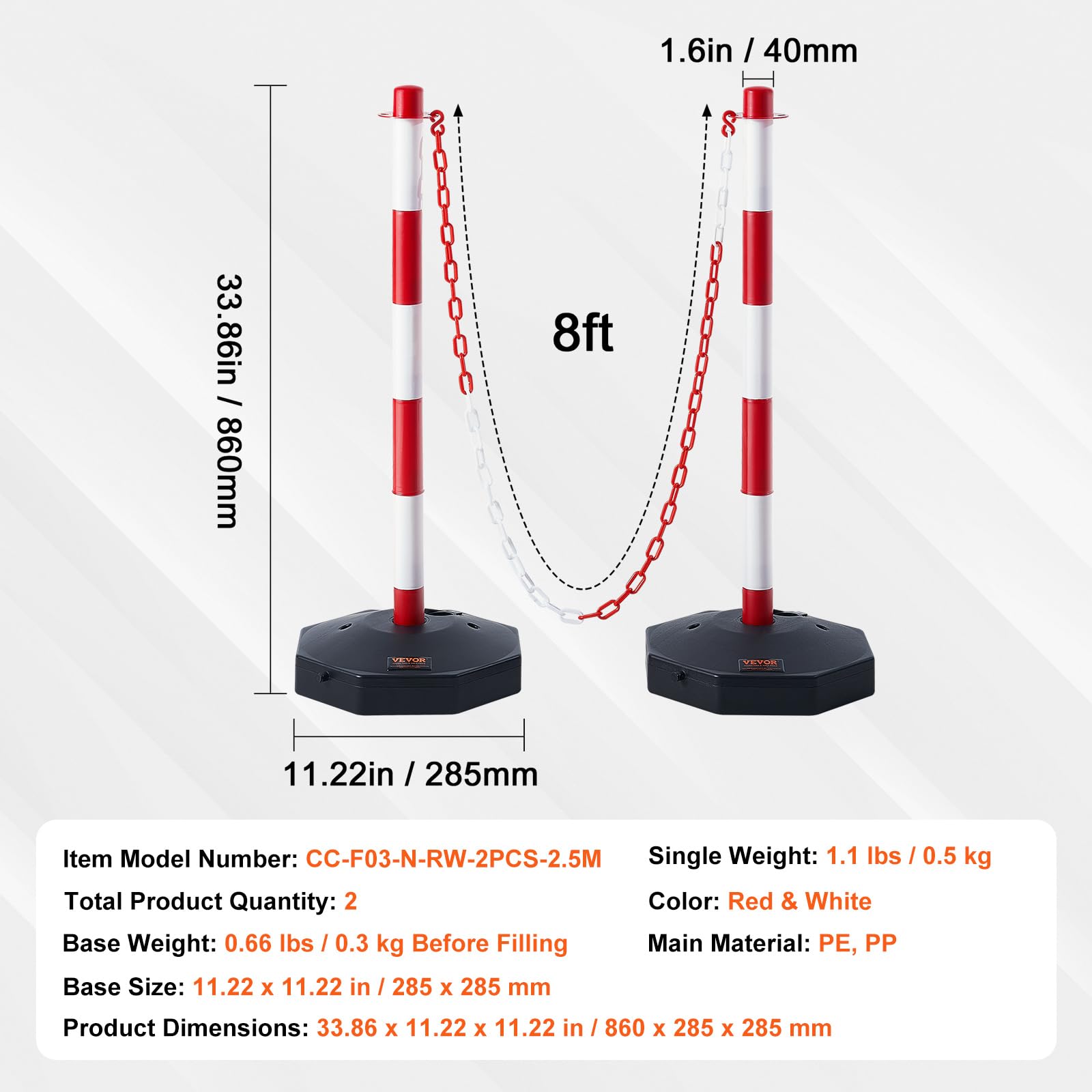 VEVOR Poste de Tráfico 2 Piezas, Cono Altura Ajustable con Cadena 2,4 m, Rojo y Blanco
