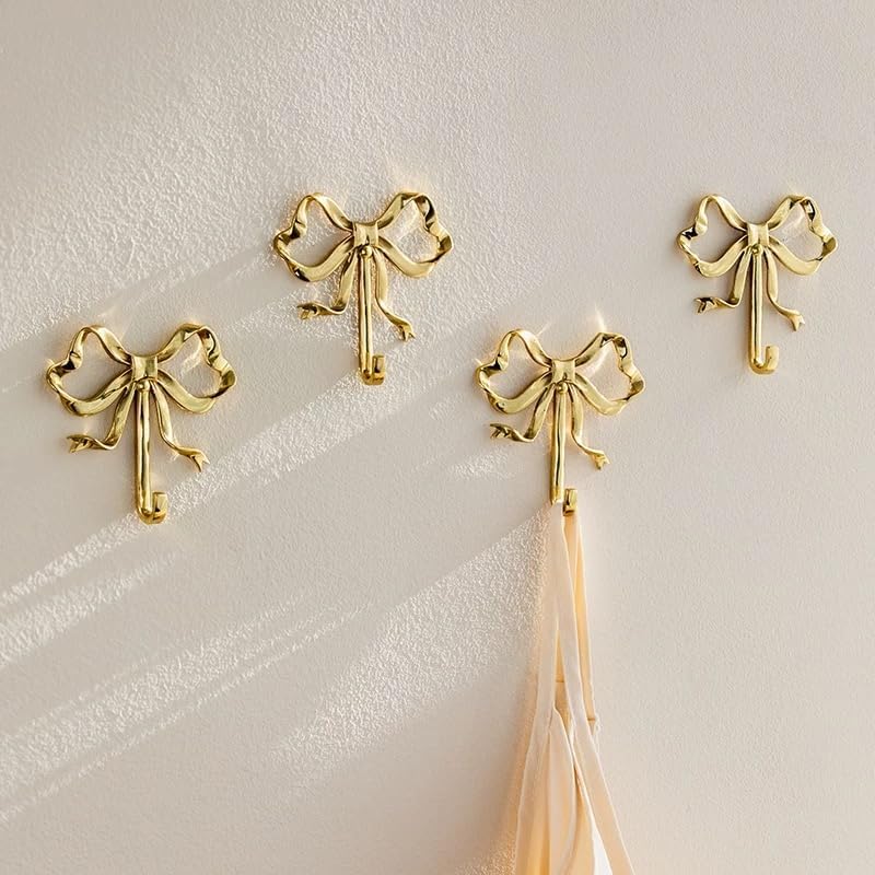Bow Wall Hooks Brass (2 Pcs) Christmas Wall Decor Gold Hooks Door Hanger Towel Multi-Purpose Hooks for Hanging for Bathroom Living Room Kitchen Decor Christmas Birthday Gift (L)
