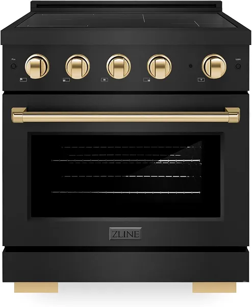 ZLINE Autograph Edition 30 in. 4.2 cu. ft. Paramount Induction Range with 4 Element Cooktop and Electric Convection Oven in Black Stainless Steel with Polished Gold Accents (SINRBZ-30-G)