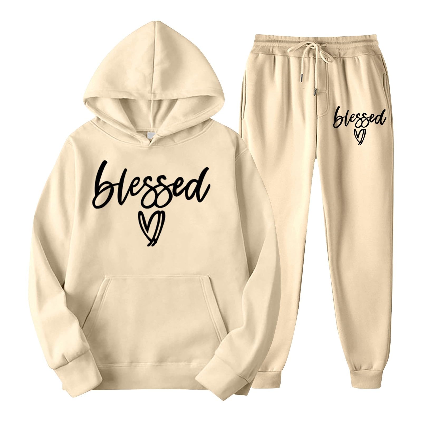Generisch , Casual felpa con cappuccio e pantaloni da jogging, set elegante e confortevole abbigliamento loungewear (beige, M)