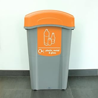 Eco Nexus 85 Plastic, Metal & Glass Recycling Bin (Grey, Orange Sticker) – 85-Litre Mixed Waste Bin with Narrow Footprint – Slim Indoor Recycling Container