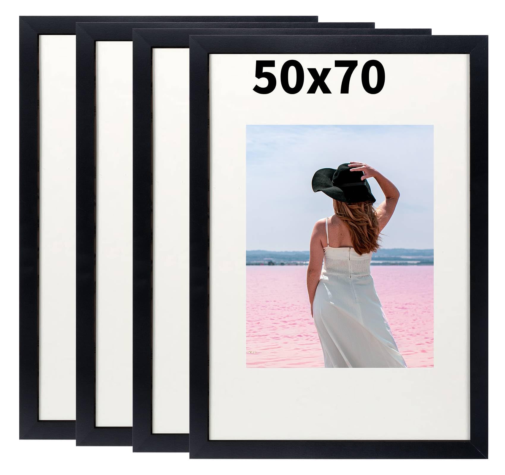 4er Bilderrahmen 50x70 cm Schwarz, MDF Rahmen 75x50 mit Acrylglas, Klassischer Fotorahmen für Wand Tischbilderrahmen mit Aufhängen Aufstellen für Poster Dokument, Wohnzimmer Deko