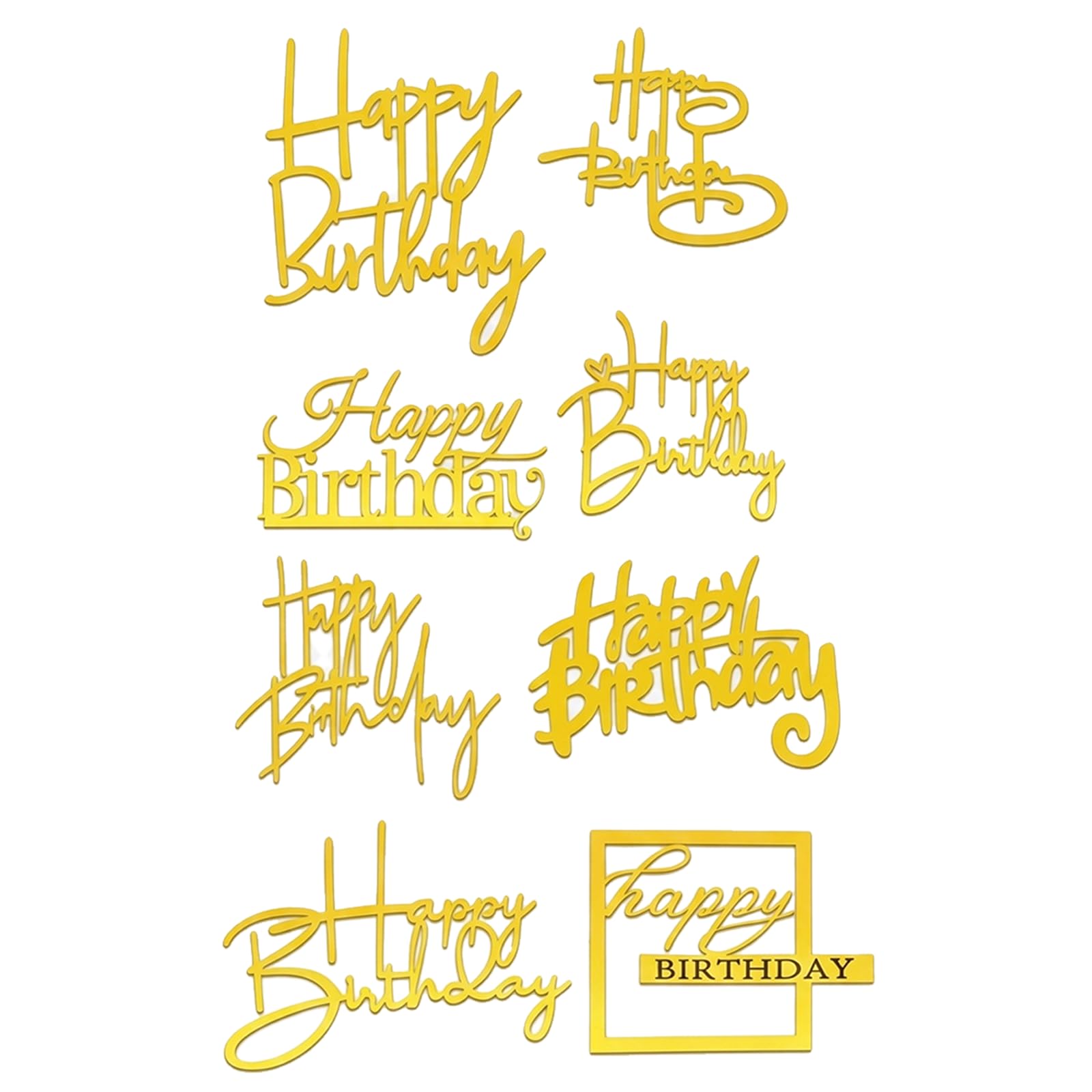 Shensuii 8 Pcs Happy Birthday Cake Topper, Happy Birthday Cake Decorations, Mirror Acrylic Personalised Cake Topper, Birthday Cake Decorations with 8 Styles, Gold Cake Toppers for Party Dessert