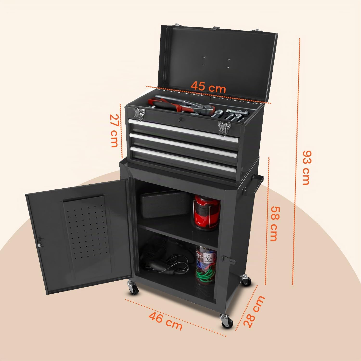 CT01 Carrello Portautensili da Officina con Serratura - 3 Cassetti e 3 Vani, Capacità 150 kg,Ideale per Meccanica e Professionisti - Carrello Porta Attrezzi Vuoto, Nero