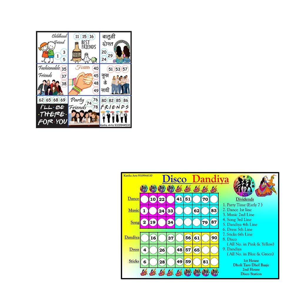 Kanha Arts Disco Dandia Tambola Ticket & Friendship Tambola Durable Hard Card Sheet Material for Interactive Learning & Play