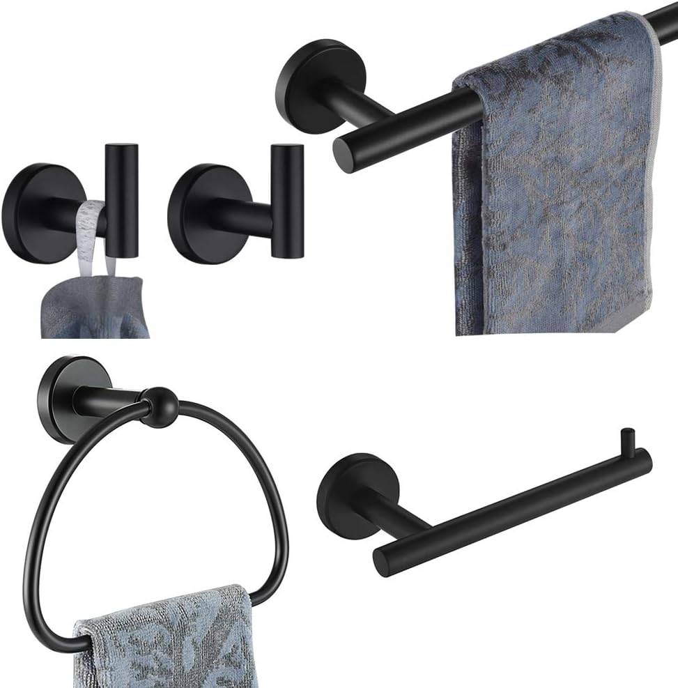JQK Bathroom Hardware Set, 5-Piece Bath Accessories Set Matte Black Wall Mount Includes 24 in Towel Bar, 7 in Towel Ring, Toilet Paper Holder, 2 Towel Hooks, BAS165-PB