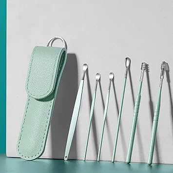 6 Pcs Ear Wax Cleaner - Reusable Ear Cleaner Tool Set with Storage Storage Leather Pouch (Pista)
