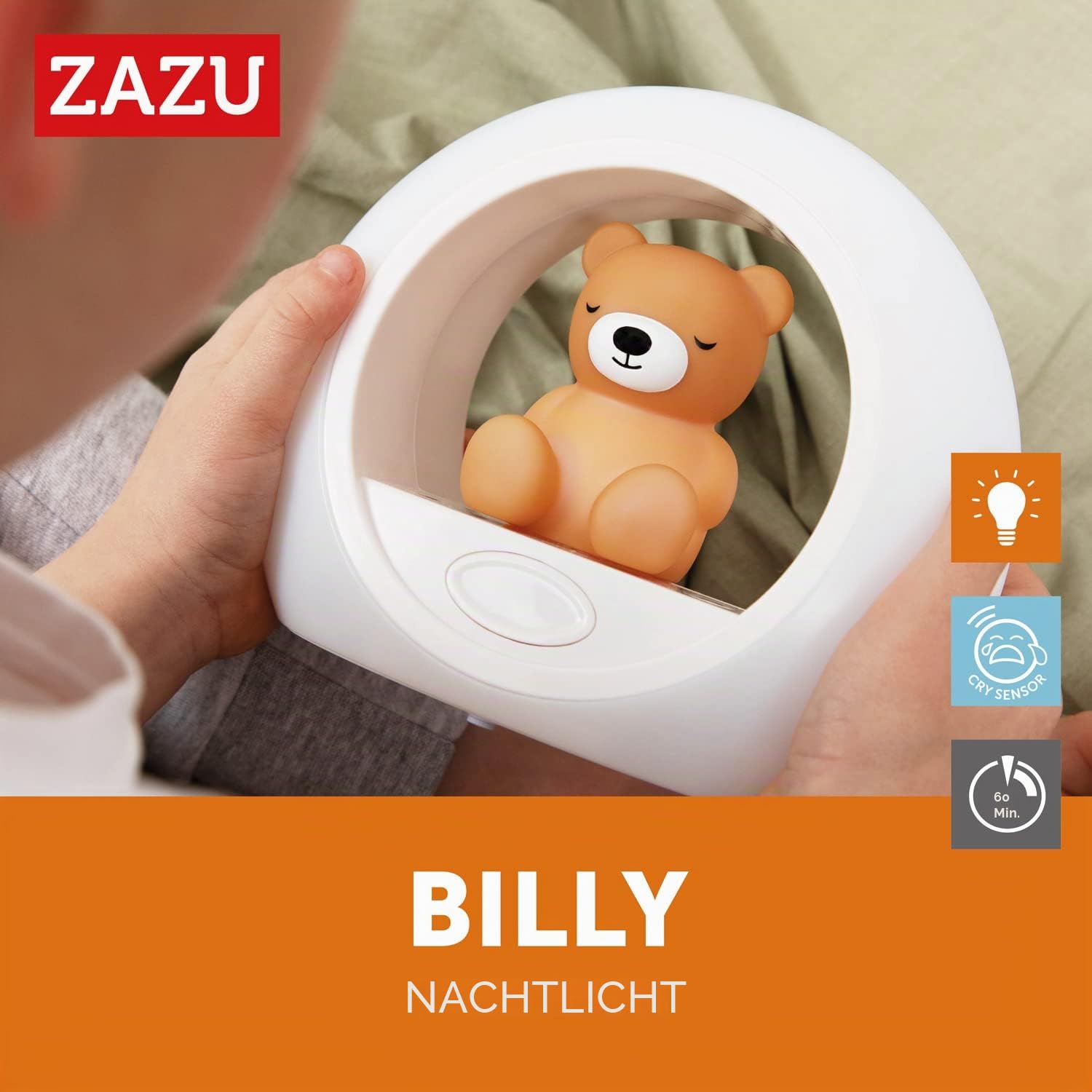 ZAZU Nachtlicht Billy der Bär – Erschrecke die Dunkelheit mit Billy | Baby-Einschlafhilfe mit automatischer Abschaltung und Schreisensor | Einstellbare Helligkeit | Weinaktiviertes Nachtlicht