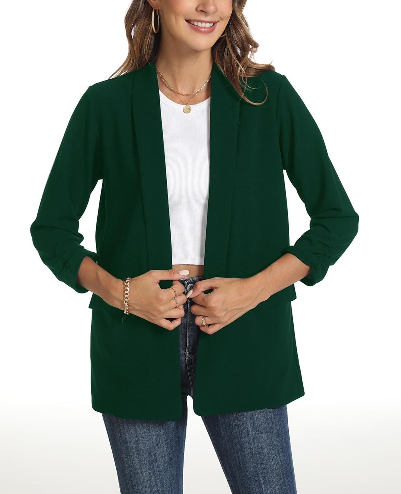 Giacche da donna casual increspate con maniche a 3/4, aperte sul davanti, per lavoro, ufficio, giacche con tasche