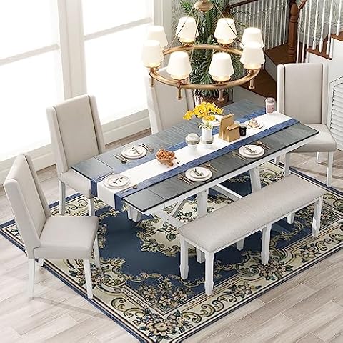 7-Piece Extendable Dining Table Set for 6, Grey Dining Table Set for 6, Rustic Kitchen Table Set, Farmhouse Table and Chairs, Dining Table Chairs Set of 6, Juegos de Mesas y Sillas para Cocina Cover