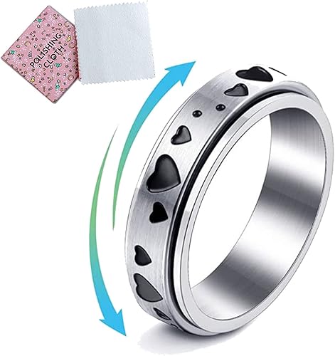 OIUYT Anillo giratorio de corazón con diseño de corazón anillo giratorio de ansiedad con paño de pulido banda ancha para aliviar la ansiedad y la