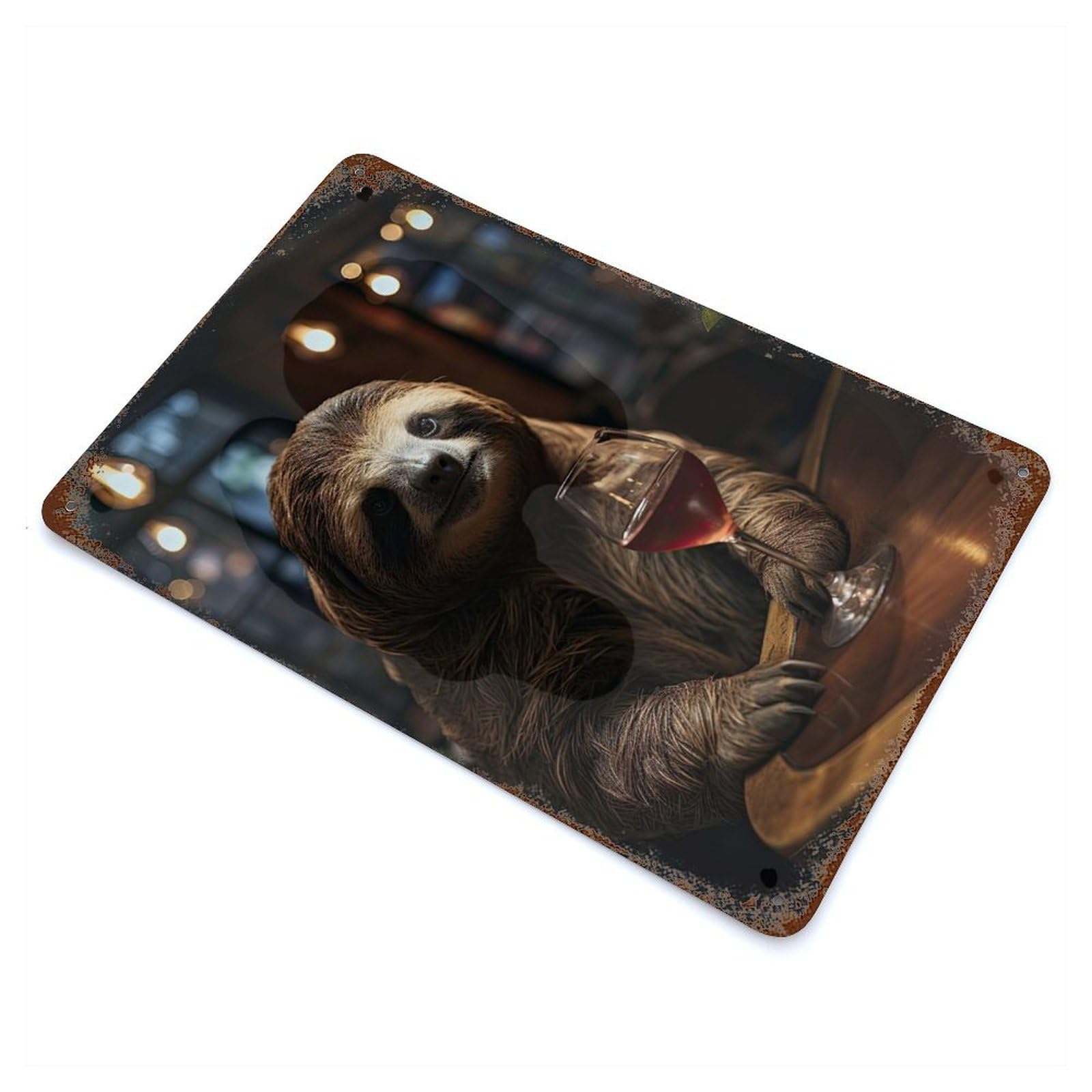 Aged Metal Wall Plaque with Wine Sloth Portrait Design 11.8"x7.9", for Pub, Kitchen And Man Cave Decor, Shabby Chic Decor