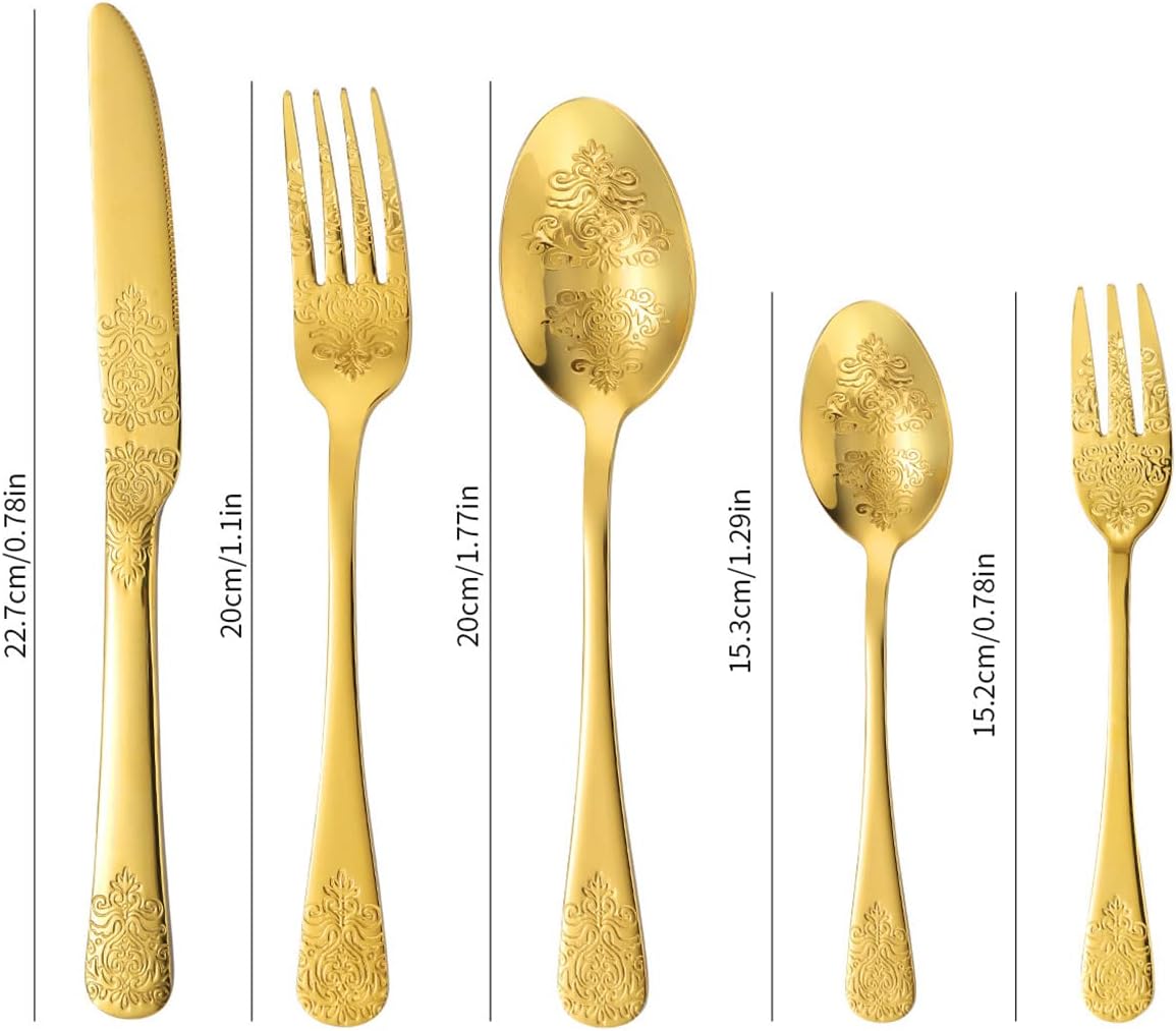 Stainless Steel Cutlery Set, 20 Piece Printed Kitchen Silverware Set With Knife Fork Spoon, Commercial Tableware(Gold)