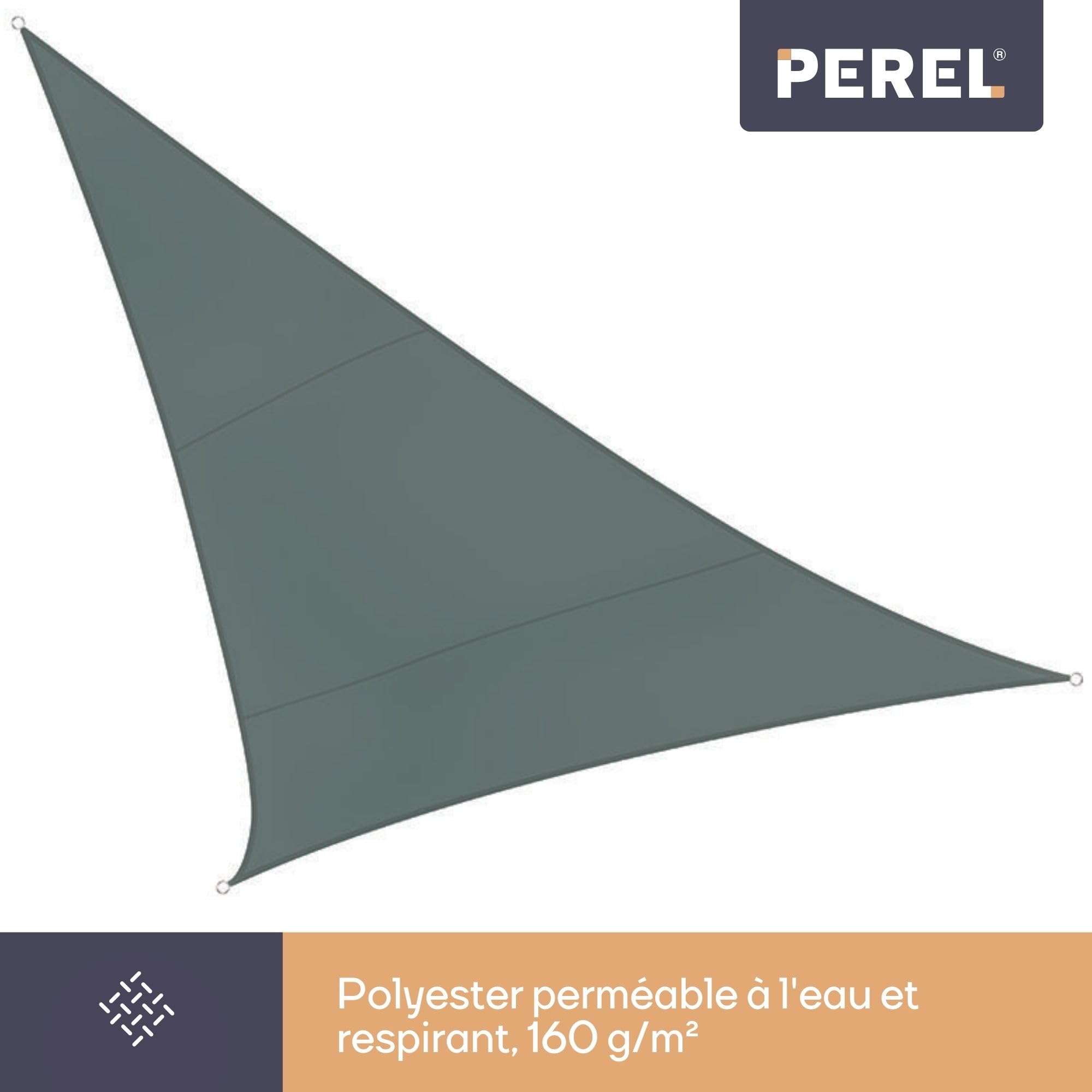Perel Voile d’ombrage Triangulaire 5 x 5 x 5 m en Polyester Respirant et déperlant pour Jardin et terrasse, Protection UV 90%, Vert Gris