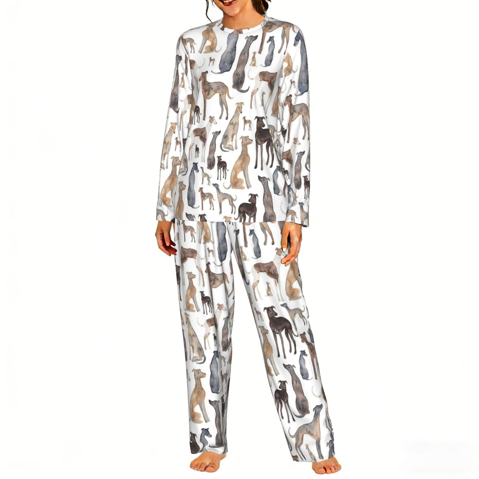 Czqdp Women's One Size Set Nightgown Pyjama Sets Two Piece Loungewear With Pockets Nightwear,Greyhounds Wippets And Lurcher Dogs,,M