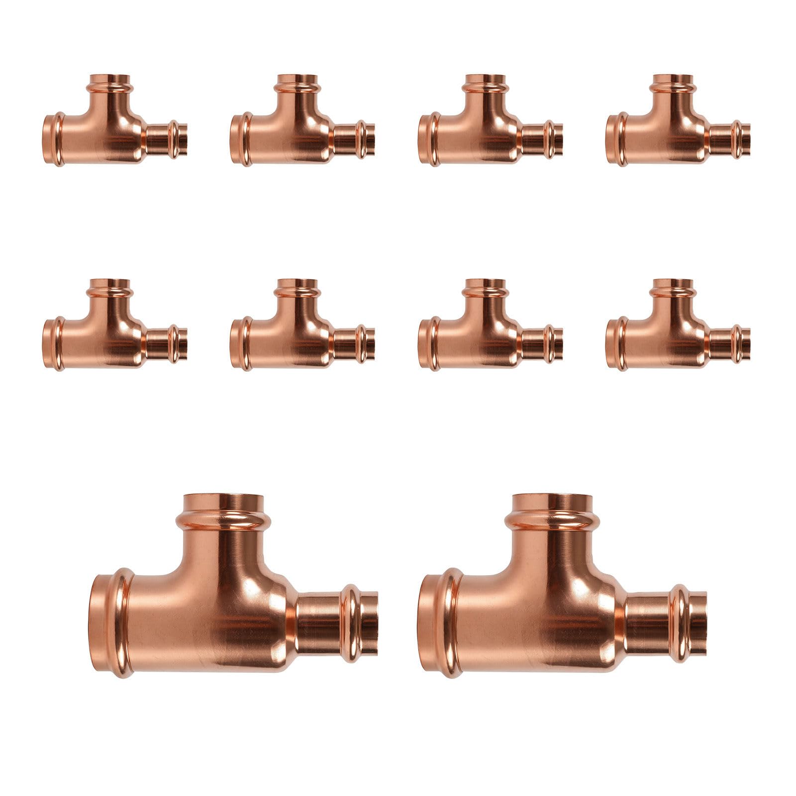 Paquete de 10 conectores en T reductores de cobre GUOFIS, 1-1/4" P x 3/4" P x 1", conector en T reductor de presión para plomería, conector de tres vías para derivación de transición de tamaño de tu