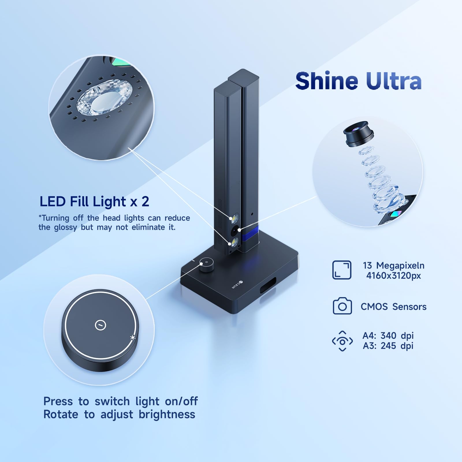CZUR Shine Ultra A3 Dokumentenscanner, 13MP Tragbarer Scanner, Faltbarer A3 Scanner kompatibel mit Windows & macOS, OCR 180+ Sprachen, ideal für kleine Büros und Home Offices (13 MP)