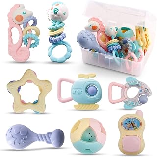 Baby Rattle Teething Set 8 pcs with Storage Box - Newborn Baby Toys Rattles and Teethers Developmental Baby Sensory Toys for Girls Boys Teething Toys for Baby 0-3-6-9-12 Months