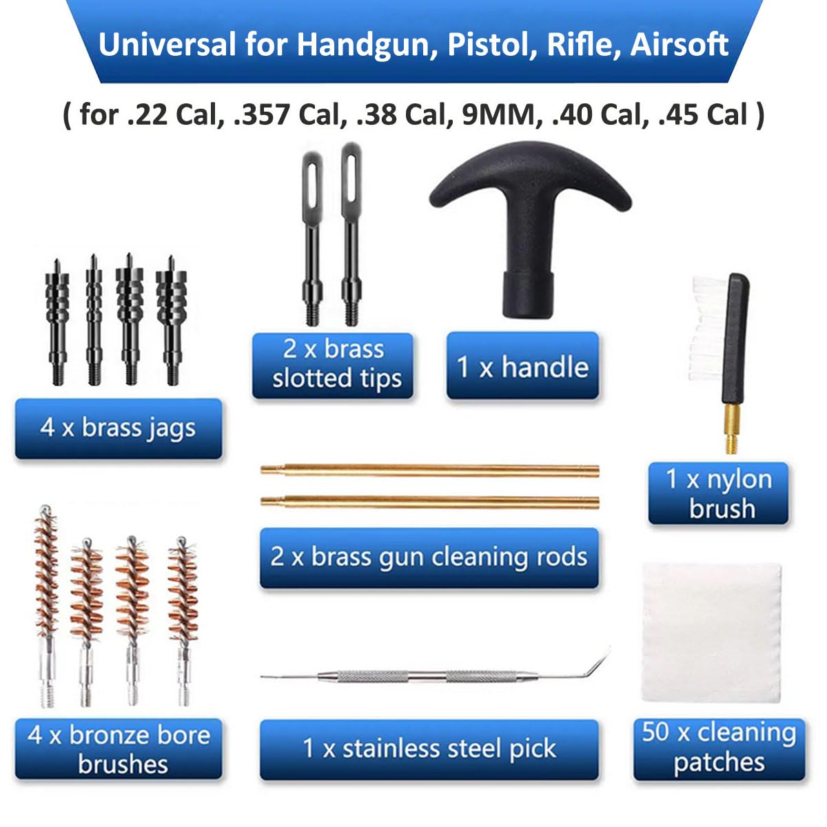 16 Pezzi Kit di Pulizia per Pistola Spazzole Kit di Pulizia Fucile Kit di Pulizia Armi Manutenzione e la Pulizia delle Armi .22Cal .357Cal .38Cal 9mm .40 .45Cal