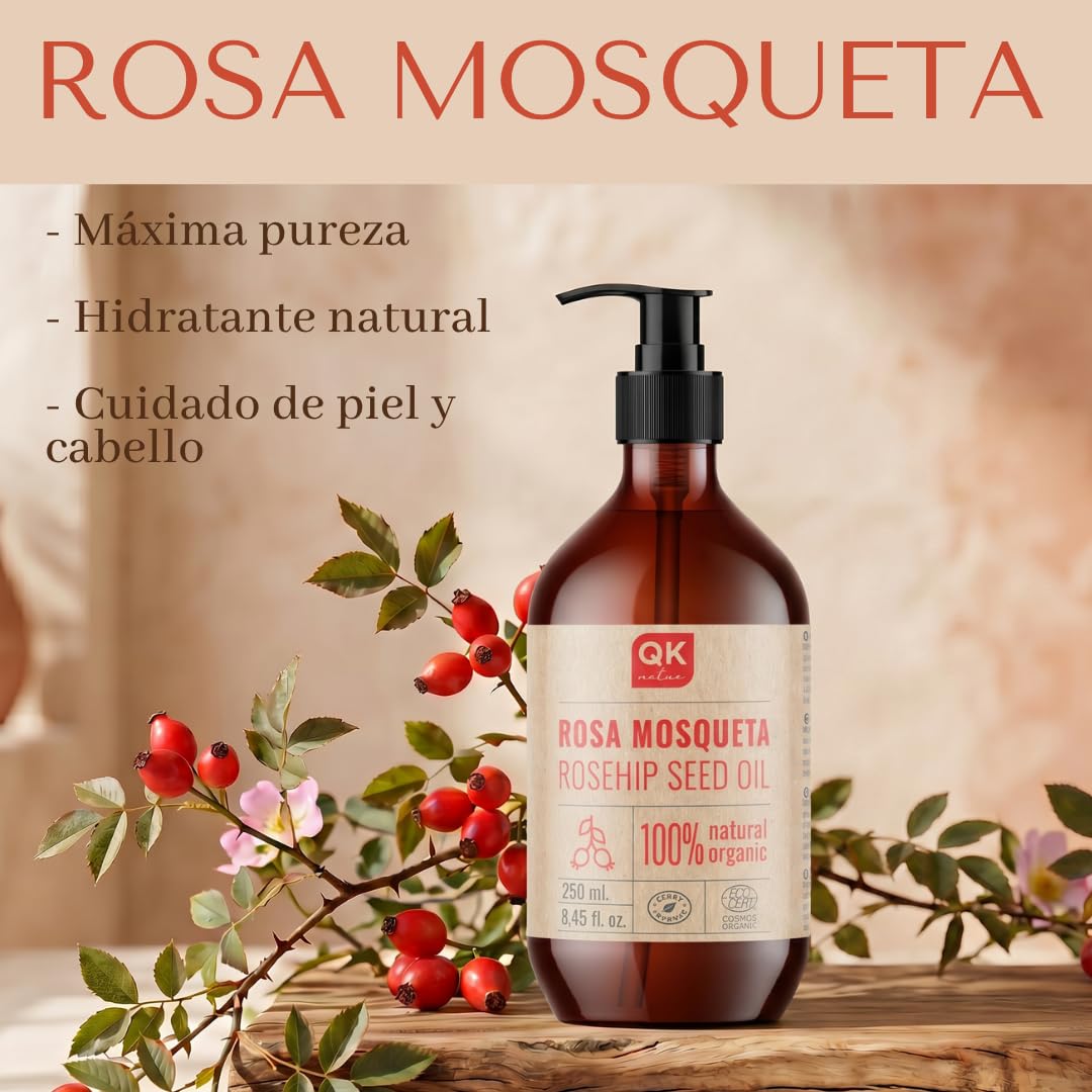 QKnatur - Aceite de Rosa Mosqueta Orgánico - 250 ml - para Cicatrices y Estrías - Para cara y cuerpo - Antiarrugas y Antiedad- BIO y Vegano - Prensado en Frío