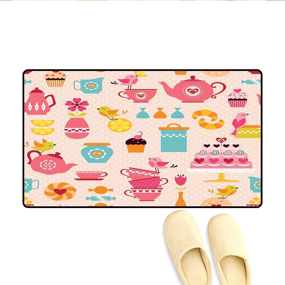 Bath Mat Cute Tea Time Elements Funny Cartoon Birds Hearts Love Imagery Cake and Sugar Door Mats Area Rug Multicolor 16"x24"