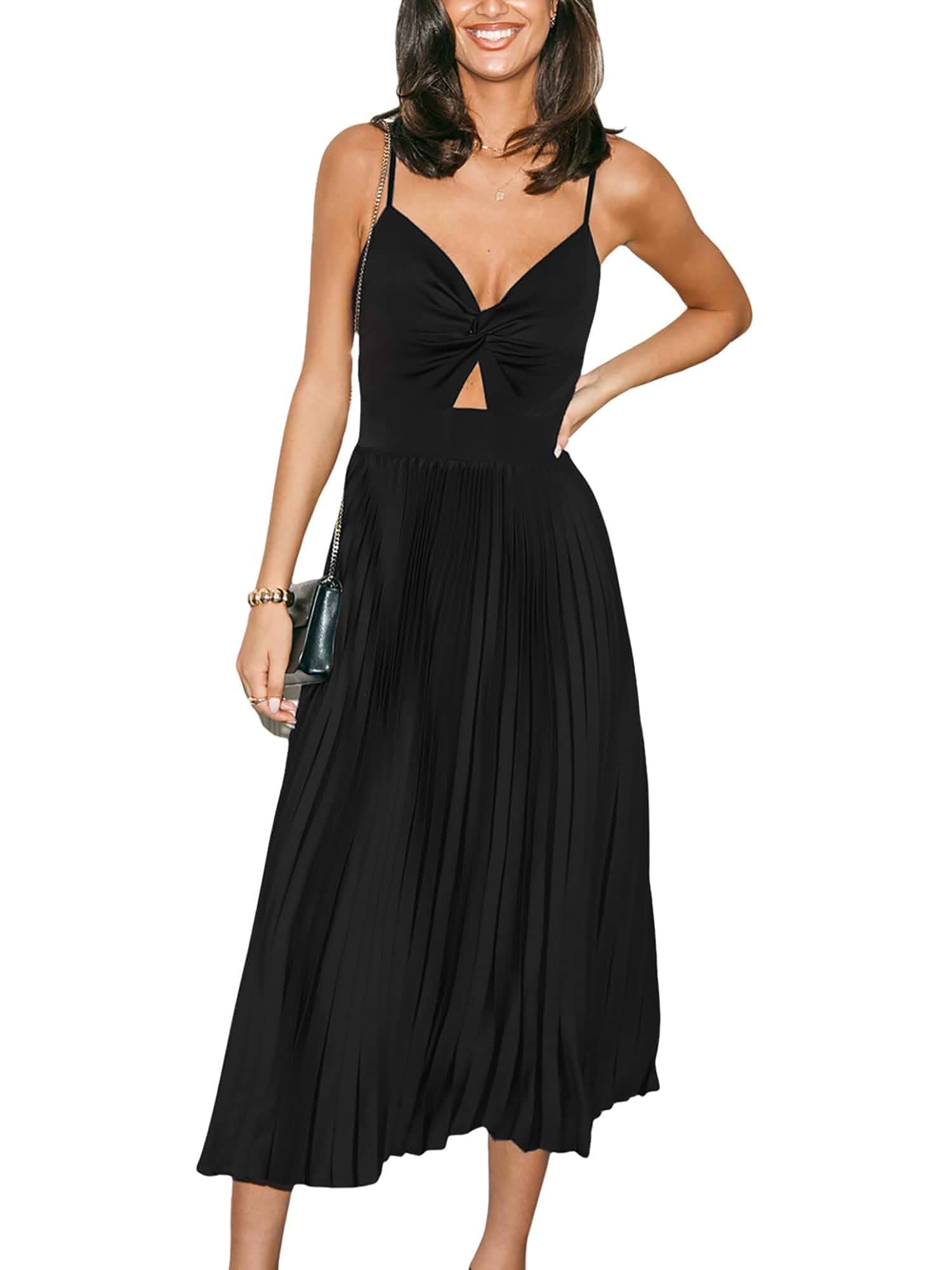 CUPSHE Women Pleated Cutout Midi Dress Spaghetti Strap Party Formal Dress Sweetheart neck Twist front Adjustable straps A Line, Elegant Evening Cocktail Wedding Guest Dress