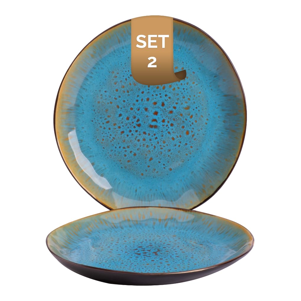 palmer Lotus Teller flach - 2er-Set, Steinzeug - Ø 20,5 cm - Türkis teilglasiert, organische Form - für FrühStück, Brotzeit oder als Kuchenteller - stapelbar, spülmaschinenfest