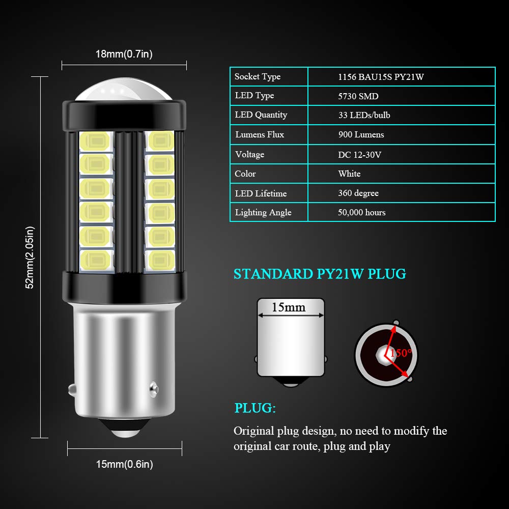 1156 BAU15S PY21W Lampadina a LED 5630 33 SMD Bianco 900LM sostituire per Luce di retromarcia freno posizione antinebbia posteriore Fanale parcheggio RV 12-30 V 3,6 W (4 pezzi)
