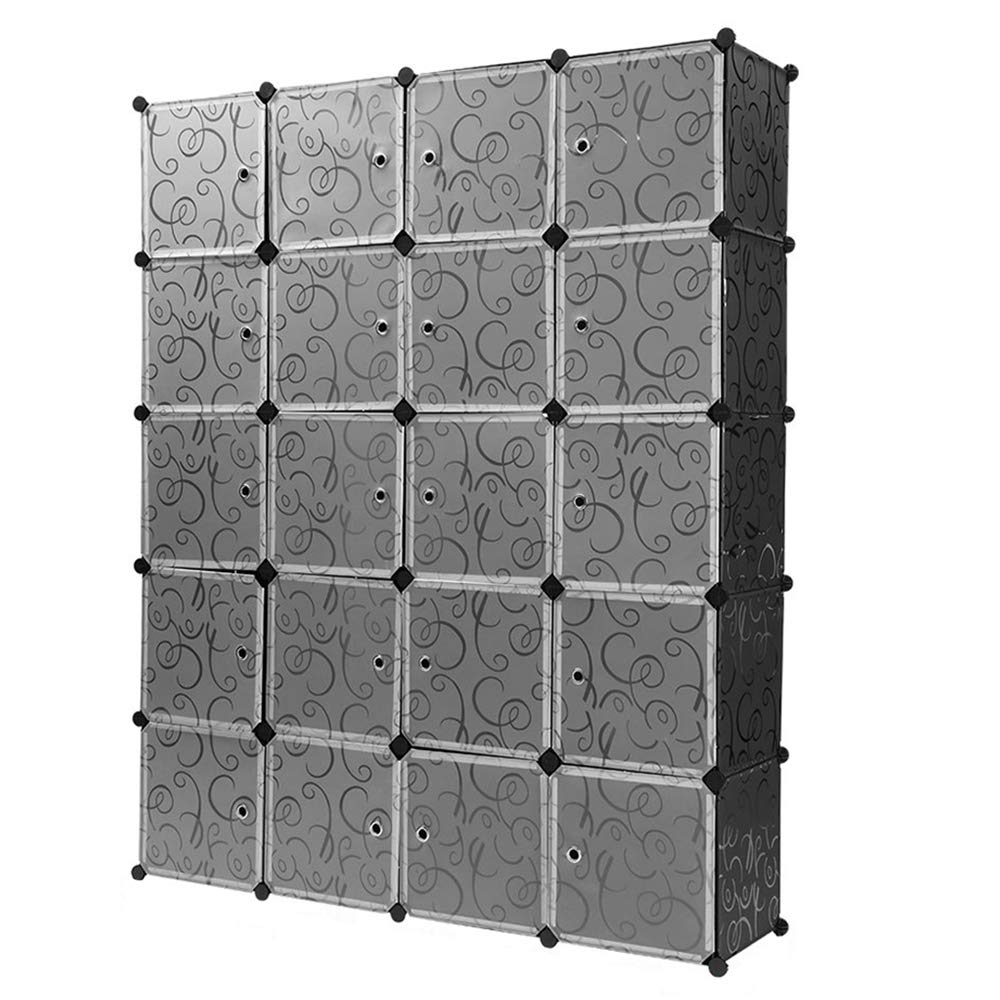 Kleiderschrank, Würfel-Kunststoffschrank, DIY-Kleiderschrank-Regalsystem, offener Kunststoff-Kleiderschrank mit Türen für das Schlafzimmer (146 * 37 * 182cm-schwarz (mit 2 Haken))