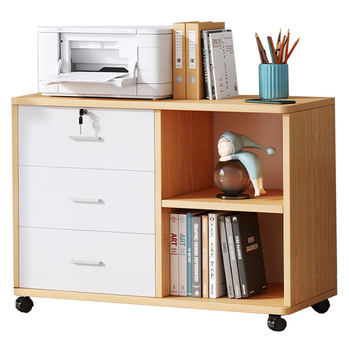 yatuiex Caisson Bureau en Bois à 3 Tiroirs, Meuble Rangement Bureau, Meubles de Bureau Mobile, Meuble Imprimante avec étagères de Rangement Ouvertes pour Maison Bureau, 60x34x59cm