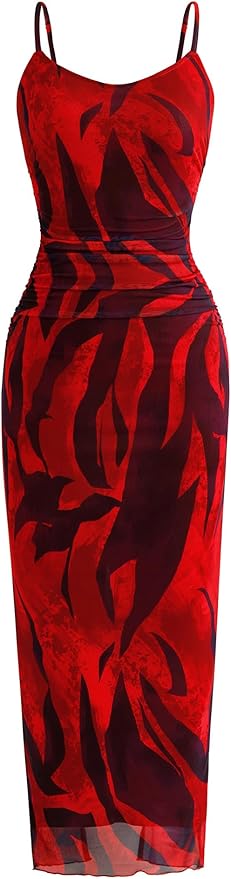 PRETTYGARDEN Summer Wedding Guest Dresses for Women 2025 Spaghetti Strap Mesh Bodycon Beach Floral Maxi Long Dresses