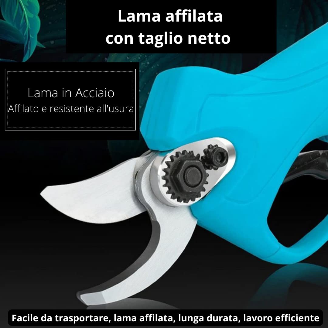 Forbici Potatura con 2 Batterie da 48V Trincia Rami Professionale Cesoie Elettriche Forbice da Giardino Alberi da Frutta Cordless Senza Fili Arbusti, verde blu